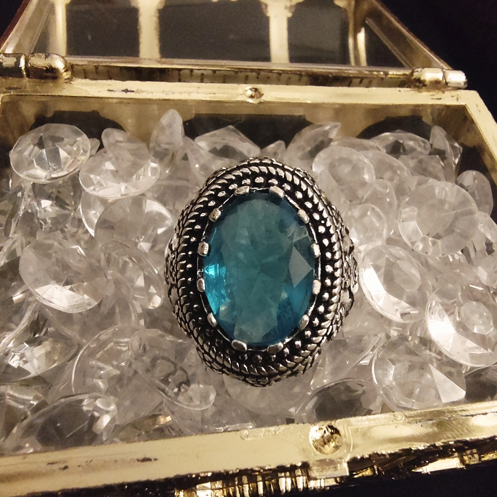 Sterling Silver Plated Ring with Blue Gemstone